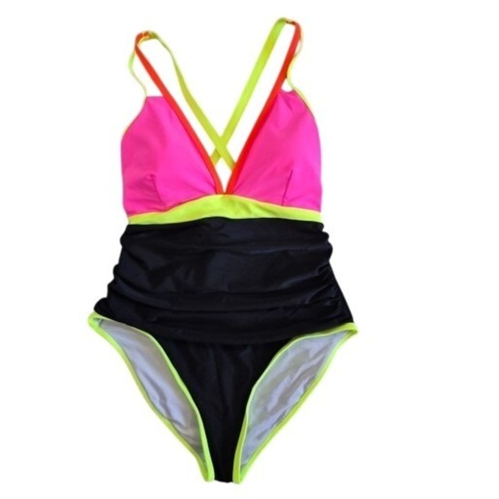 Popvil One Piece Swimsuit Neon Pink‎ Black Ruched Colorblock XL New